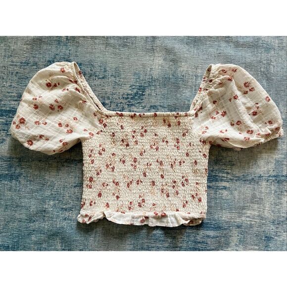 American Eagle Ivory Brick Red Crop Smocked Puff Sleeve Peasant Top Small - Picture 1 of 5